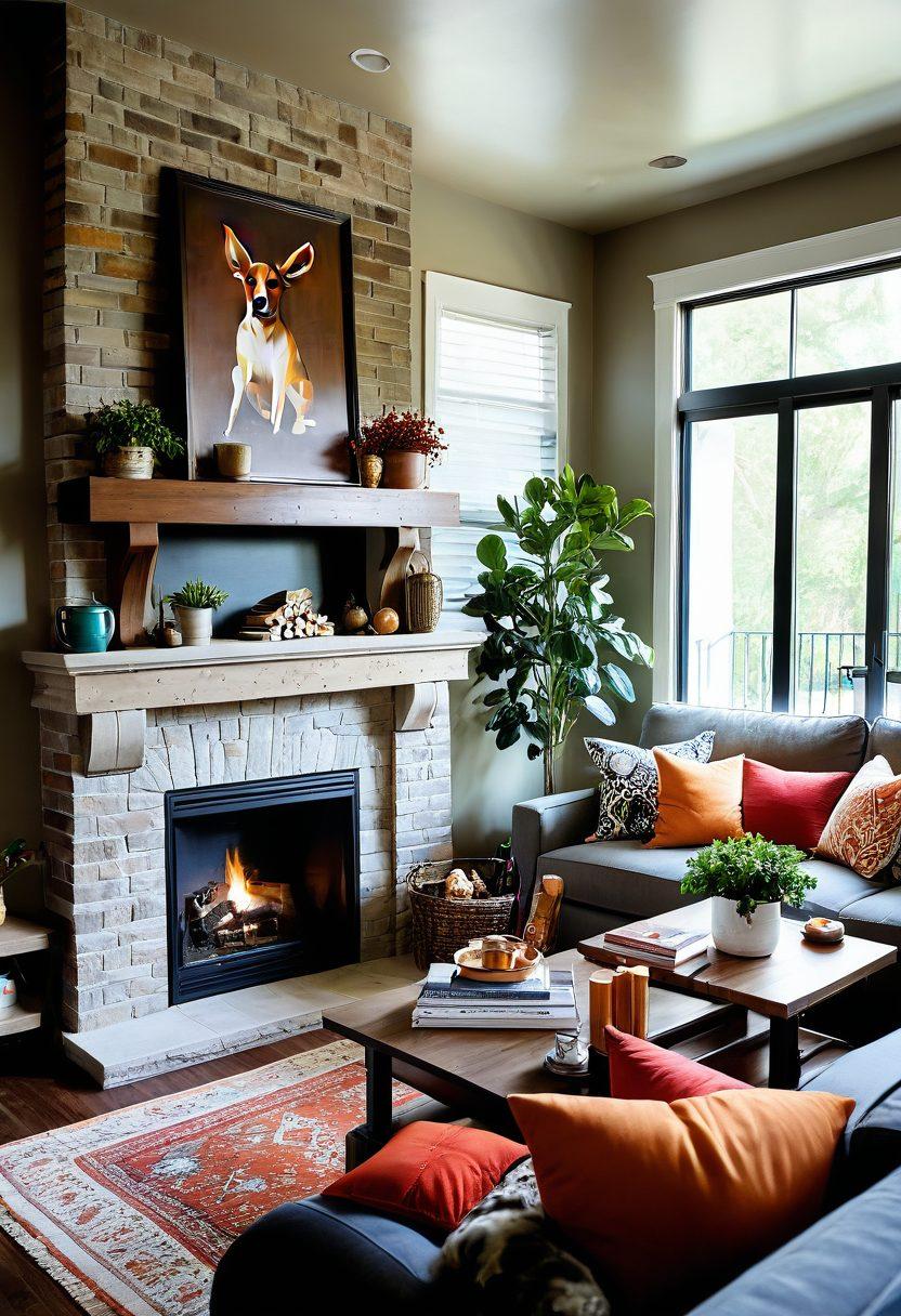 A warm and inviting family living room, featuring a cozy sectional sofa adorned with colorful throw pillows, a cheerful family gathering around a wooden coffee table filled with games. Large windows allowing natural light to flood in, plants adding a fresh touch, and family photos on the walls. A playful dog curled up by the fireplace, representing a happy and harmonious environment. super-realistic. vibrant colors. warm tones.