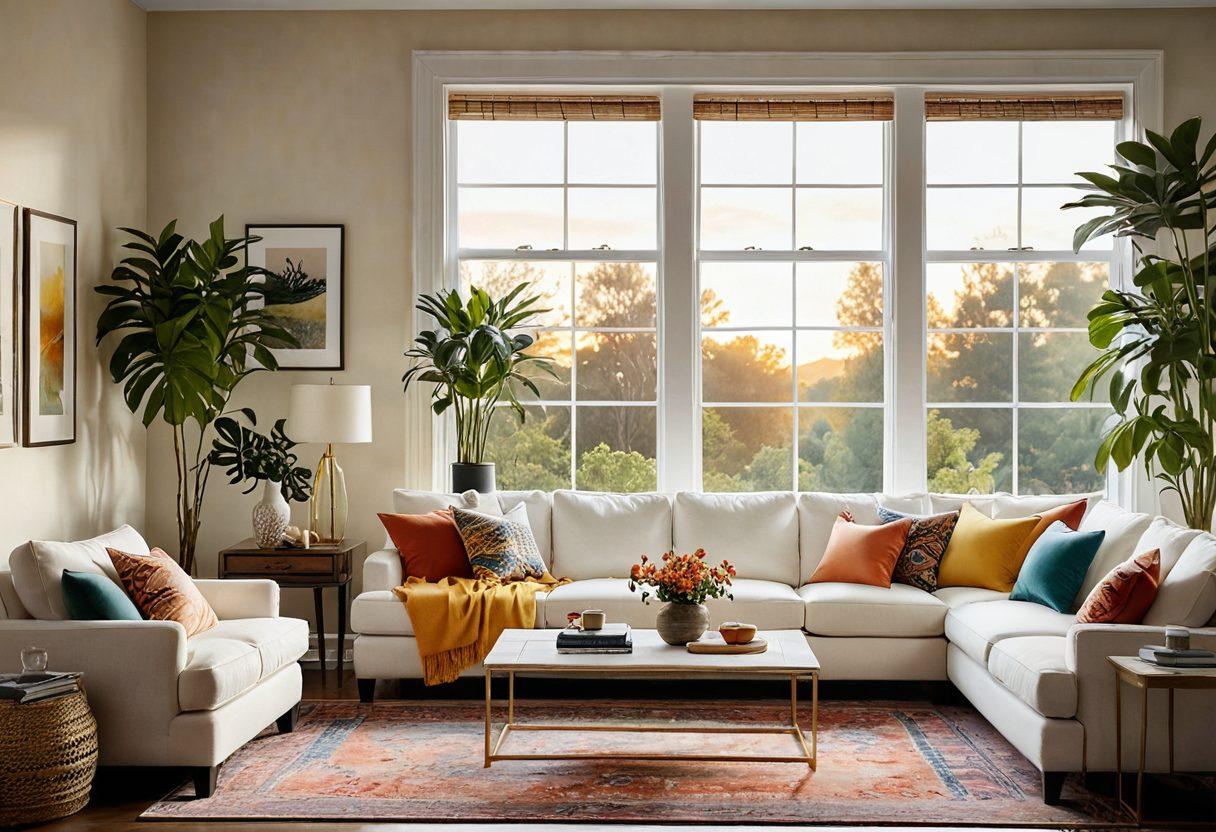 A cozy living room featuring a plush sofa adorned with colorful cushions, a warm rug, and soft ambient lighting. Include houseplants adding a touch of nature, framed artwork on the walls, and a window showing a gentle sunset. The scene suggests tranquility and comfort, inviting viewers to imagine their perfect sanctuary. super-realistic. vibrant colors. warm tones.