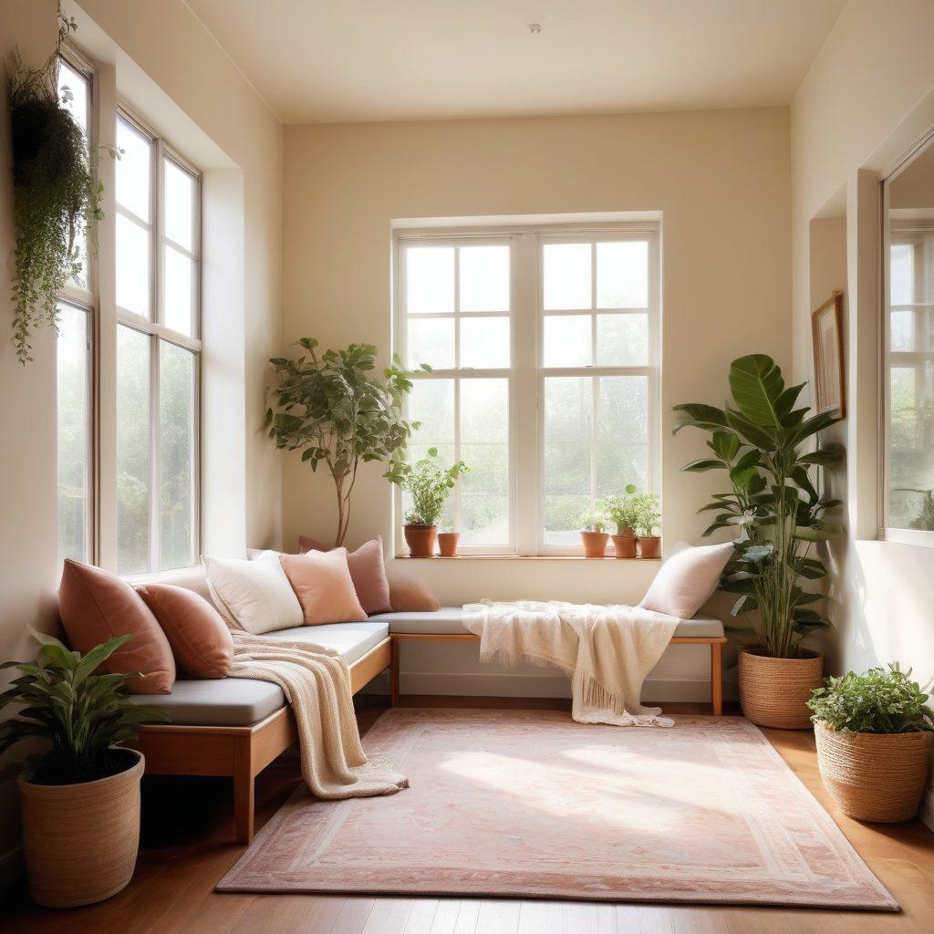 A tranquil room showcasing a cozy reading nook with plush cushions, a soft throw blanket, and warm lighting. Potted plants fill the corners, while a large window lets in soft natural light, creating a serene atmosphere. The walls are adorned with soothing artworks and the floor is covered with a soft rug, inviting relaxation. super-realistic. warm colors. soft focus.